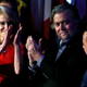 Trump campaign manager Kellyanne Conway (L), campaign CEO Stephen Bannon (C) and Republican National Committee Chair Reince Priebus (R) celebrate as Republican U.S. presidential nominee Donald Trump speaks at his election night rally in Manhattan, New York, U.S., November 9, 2016.